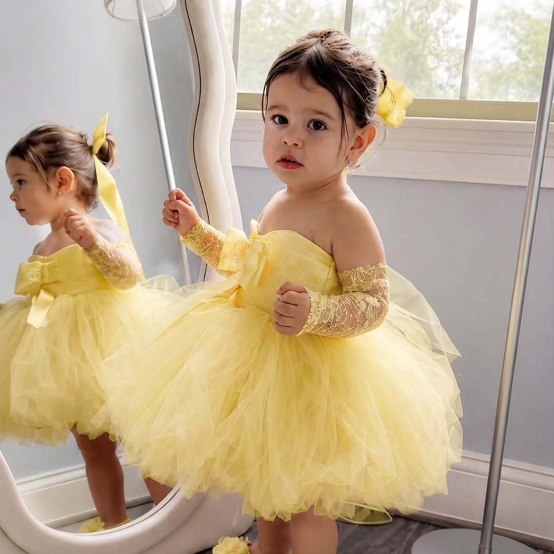 Embroidery Yellow Dress - فستان الأميرة الأصفر للفتيات لحفلات الزفاف