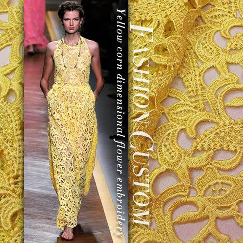 Embroidery Yellow Dress - الراقية الدانتيل القماش الأصفر ستيريو التطريز
