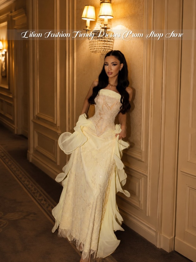 Embroidery Yellow Dress - فستان سهرة شرق أوسطي أصفر فاتح