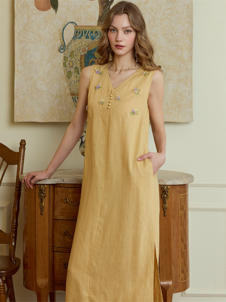 Embroidery Yellow Dress - فساتين صيفية طويلة للنساء بطول 86-98