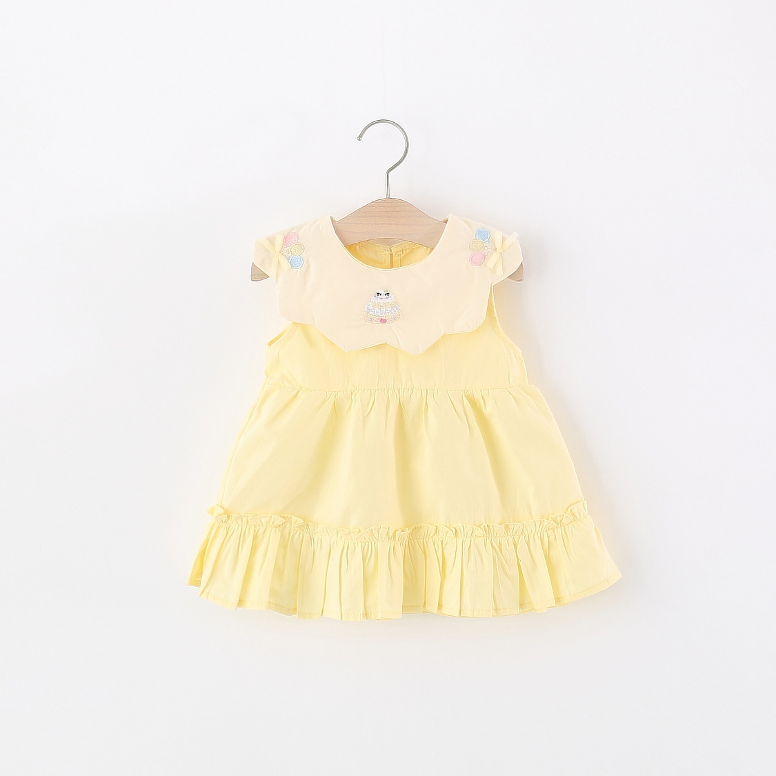 Embroidery Yellow Dress - فستان قطني أصفر للفتيات الصغيرات بدون