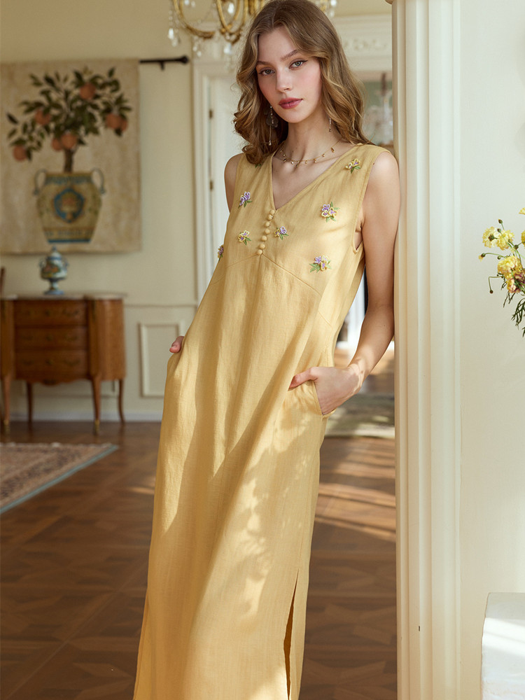 فساتين صيفية طويلة للنساء بطول - مراجعة Embroidery Yellow Dress وسعره