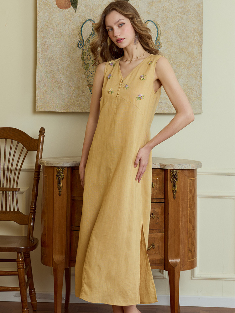 فساتين صيفية طويلة للنساء بطول - مراجعة Embroidery Yellow Dress وسعره